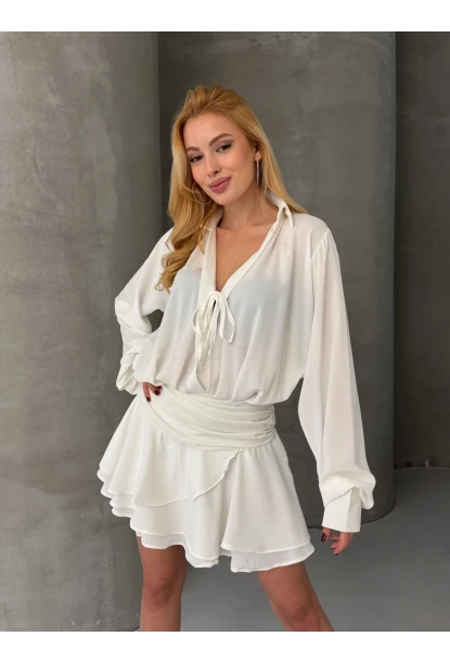 Kadın Tensel Kumaş Volanlı Mini Elbise Beyaz