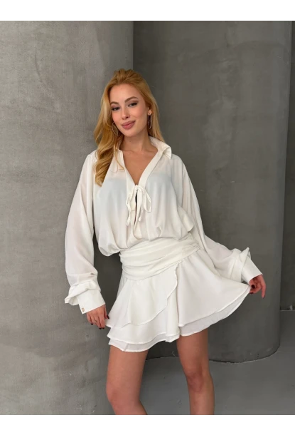 Kadın Tensel Kumaş Volanlı Mini Elbise Beyaz