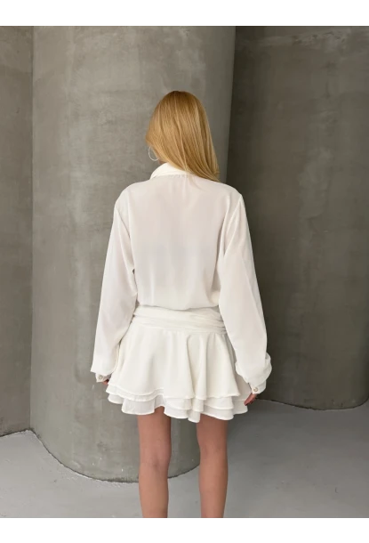 Kadın Tensel Kumaş Volanlı Mini Elbise Beyaz