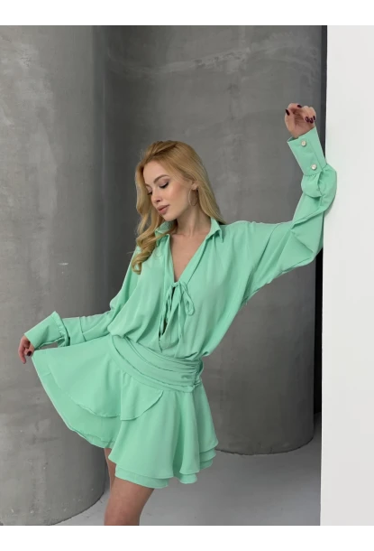 Kadın Tensel Kumaş Volanlı Mini Elbise Yeşil