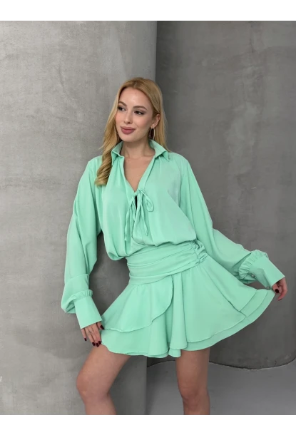 Kadın Tensel Kumaş Volanlı Mini Elbise Yeşil