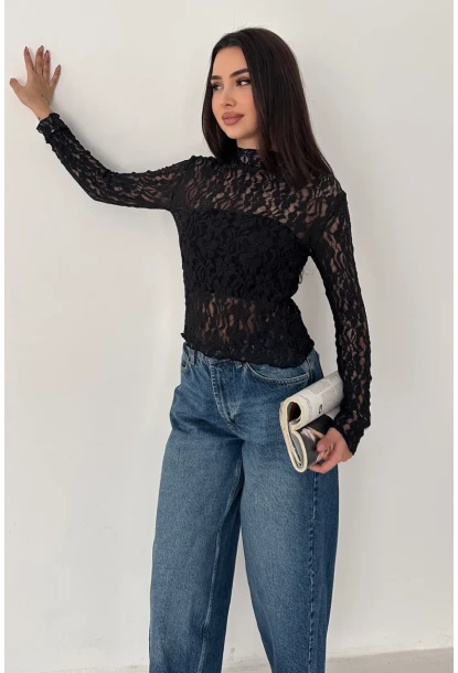 Kadın Transparan Çiçek Desenli Dantel Bluz