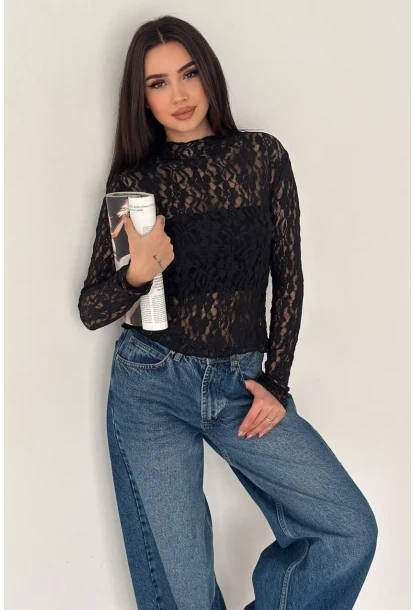 Kadın Transparan Çiçek Desenli Dantel Bluz