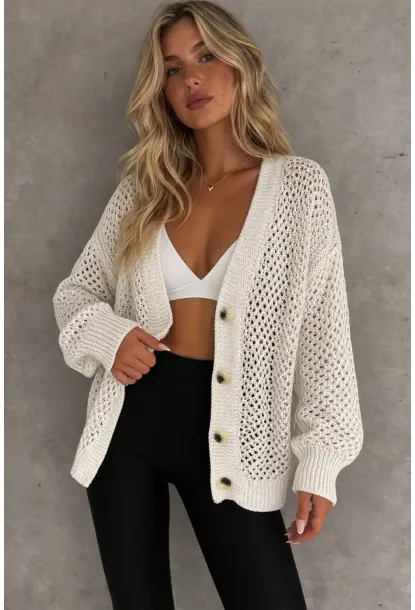 Kadın Uzun Ajurlu Düğmeli Hırka