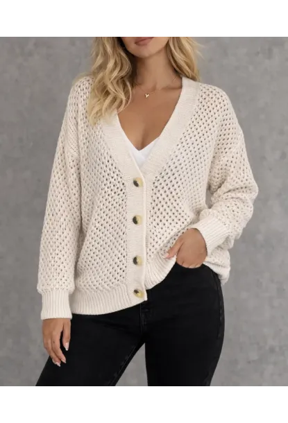 Kadın Uzun Ajurlu Düğmeli Hırka