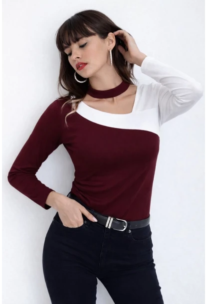 Kadın Yaka Asimetrik Renk Bloklu Bluz Bordo