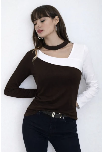 Kadın Yaka Asimetrik Renk Bloklu Bluz Kahve