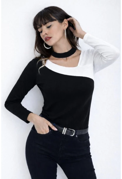 Kadın Yaka Asimetrik Renk Bloklu Bluz Siyah