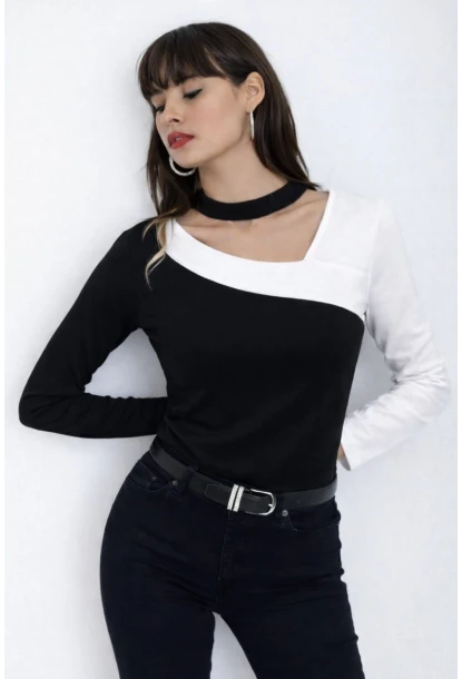 Kadın Yaka Asimetrik Renk Bloklu Bluz Siyah