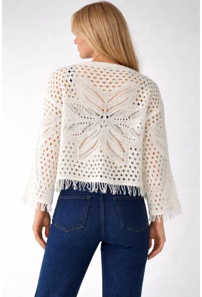 Kadın Yaprak Desenli Püsküllü Triko Hırka