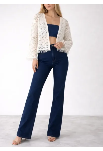 Kadın Yaprak Desenli Püsküllü Triko Hırka