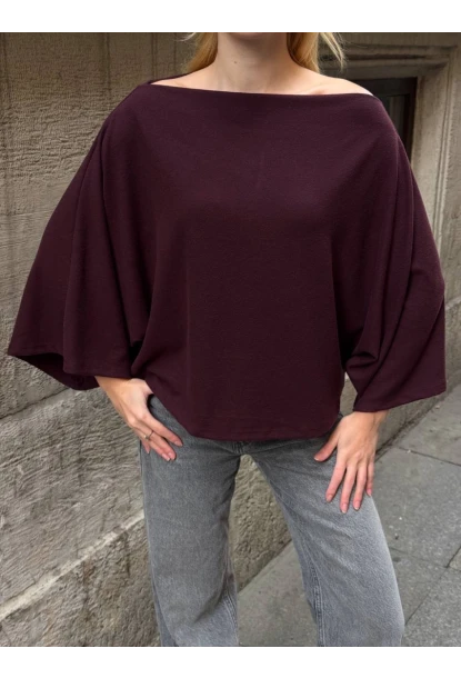 Kadın Yarasa Kol Panço Bluz Bordo