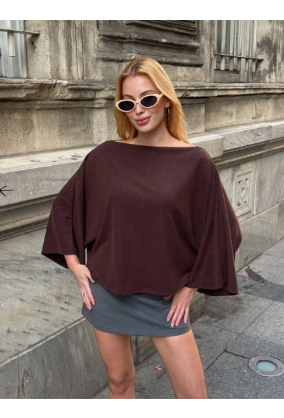Kadın Yarasa Kol Panço Bluz Kahve