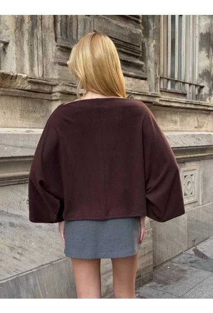 Kadın Yarasa Kol Panço Bluz Kahve