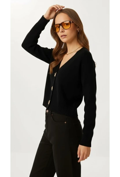 Kadın Yıldız Düğme Detaylı Triko Hırka