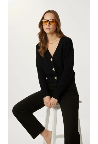 Kadın Yıldız Düğme Detaylı Triko Hırka