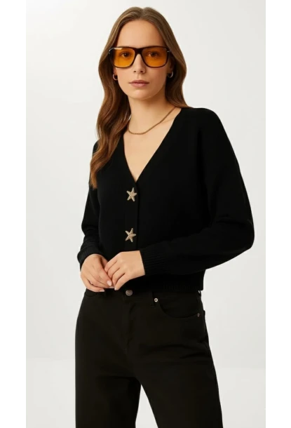 Kadın Yıldız Düğme Detaylı Triko Hırka