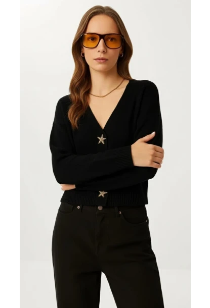 Kadın Yıldız Düğme Detaylı Triko Hırka