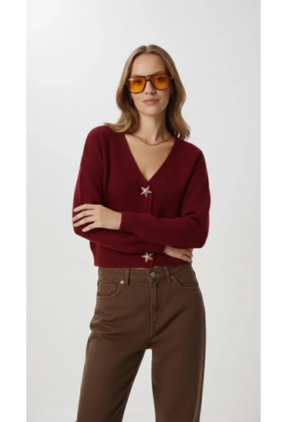 Kadın Yıldız Düğme Detaylı Triko Hırka