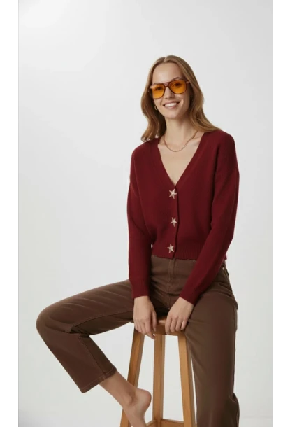 Kadın Yıldız Düğme Detaylı Triko Hırka