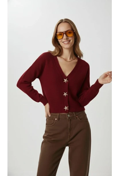 Kadın Yıldız Düğme Detaylı Triko Hırka