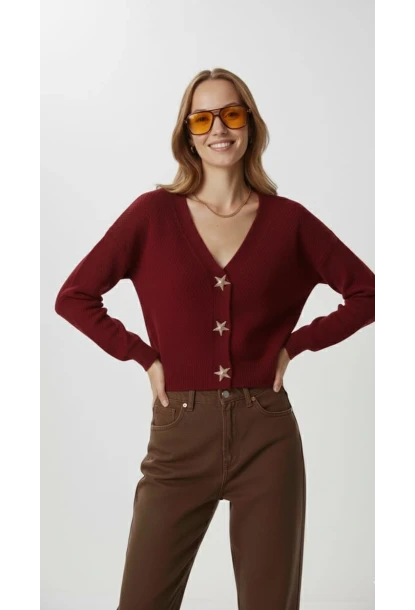 Kadın Yıldız Düğme Detaylı Triko Hırka