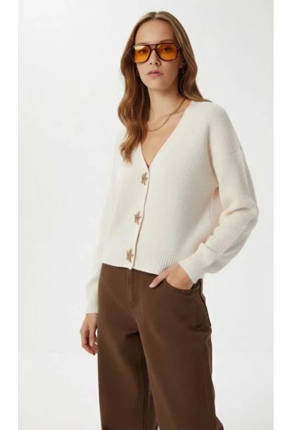 Kadın Yıldız Düğme Detaylı Triko Hırka