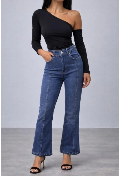 Kadın Yüksek Bel Dikiş Detaylı İspanyol Paça Jean Pantolon