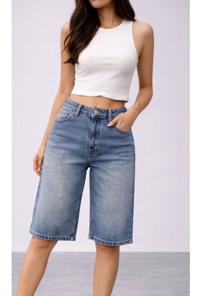 Kadın Yüksek Bel Salaş Jean Bermuda Lacivert