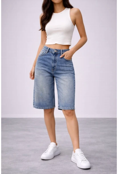 Kadın Yüksek Bel Salaş Jean Bermuda Lacivert