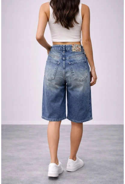 Kadın Yüksek Bel Salaş Jean Bermuda Lacivert