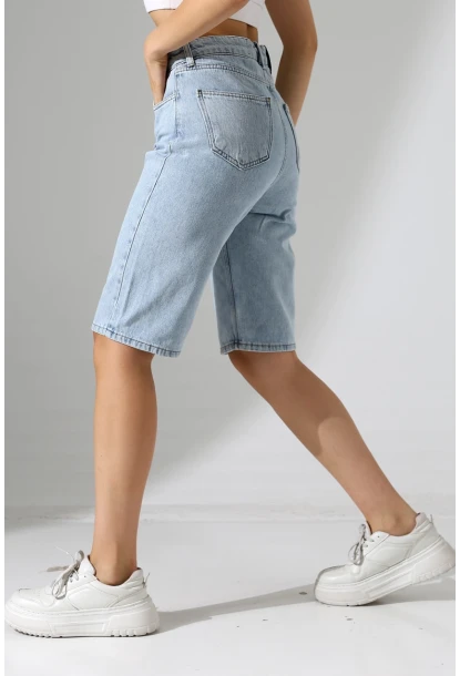 Kadın Yüksek Bel Salaş Jean Bermuda Mavi