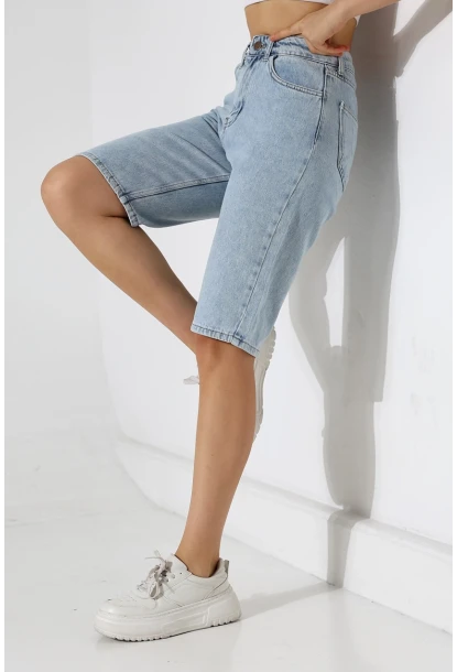 Kadın Yüksek Bel Salaş Jean Bermuda Mavi