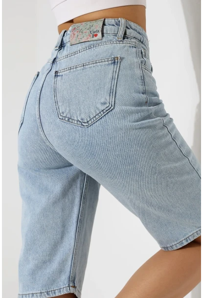 Kadın Yüksek Bel Salaş Jean Bermuda Mavi
