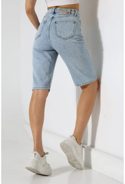 Kadın Yüksek Bel Salaş Jean Bermuda Mavi