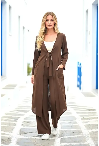 Kahve Bağlamalı Kimono Keten Takım