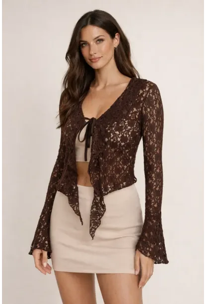 Kahverengi Dantel Bağlama Detaylı Transparan Bluz – Uzun Kollu Şık Kadın Bluz