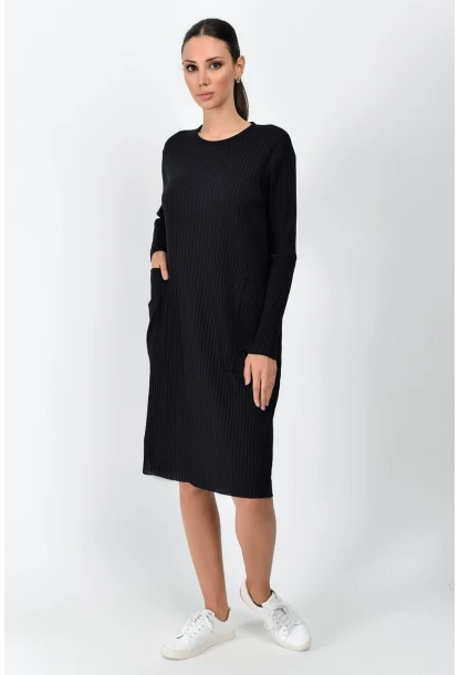 Kalın Fitilli Kaşkorse Cepli Uzun Tunik Elbise