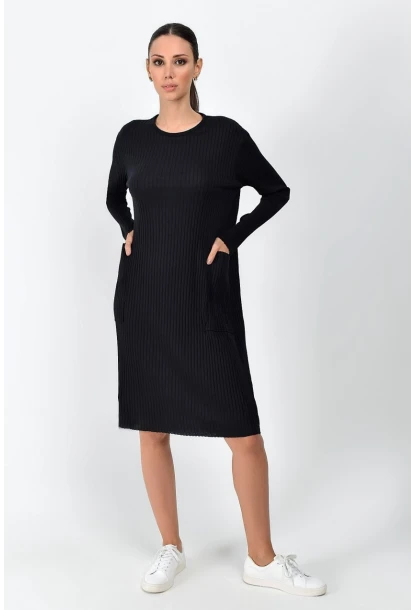 Kalın Fitilli Kaşkorse Cepli Uzun Tunik Elbise