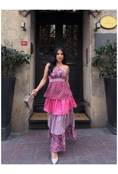 Kat Kat Desenli Tasarım Elbise