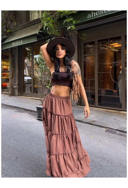 Kat Kat Pileli Kahverengi Etek