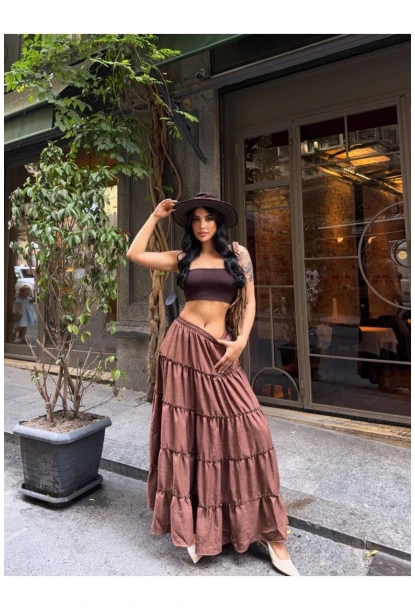 Kat Kat Pileli Kahverengi Etek