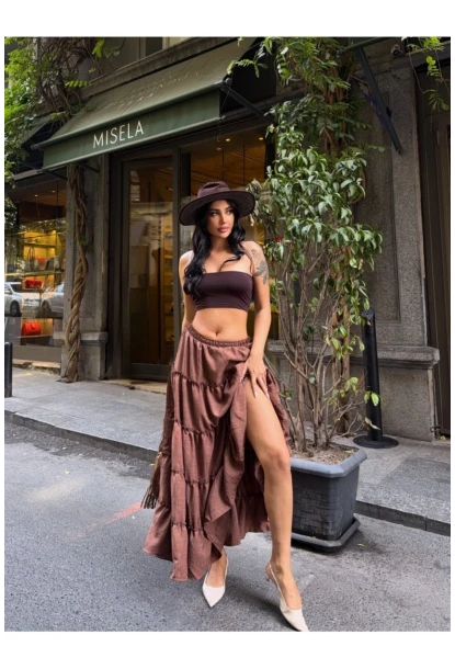 Kat Kat Pileli Kahverengi Etek