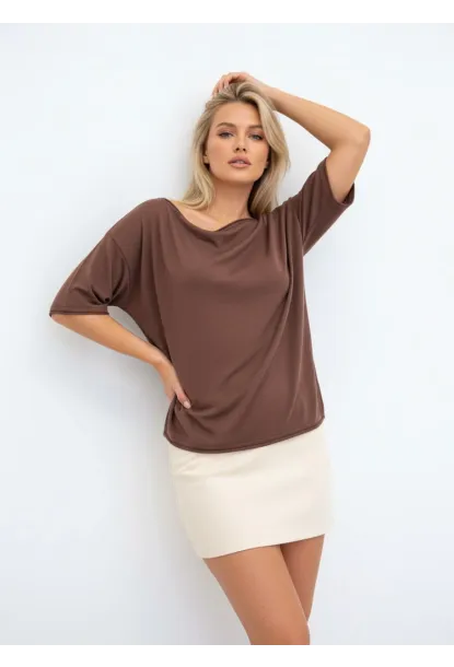 Kayık Yaka Oversize Kahve Bluz