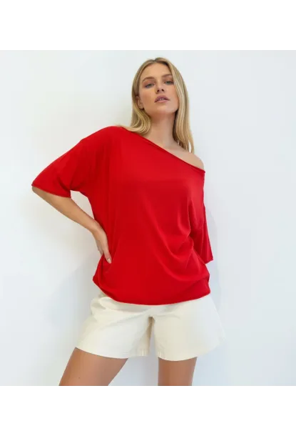 Kayık Yaka Oversize Kırmızı Bluz