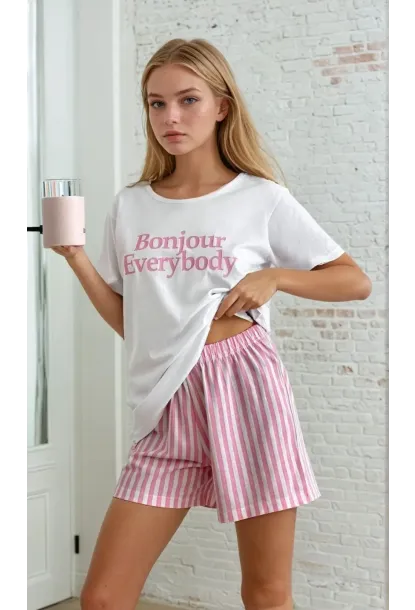 Kısa Kollu Şortlu Pijama Takımı Pembe