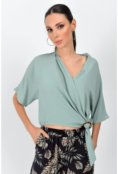 Kobe Kruvaze Yaka Yarasa Kol Bağlamalı Bluz