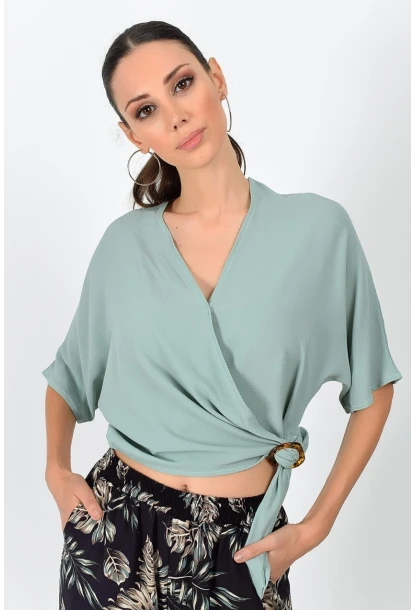 Kobe Kruvaze Yaka Yarasa Kol Bağlamalı Bluz