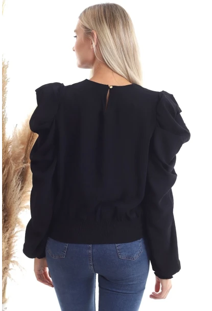 Kol Pileli Etek Gipeli Uzun Kol Siyah Bluz