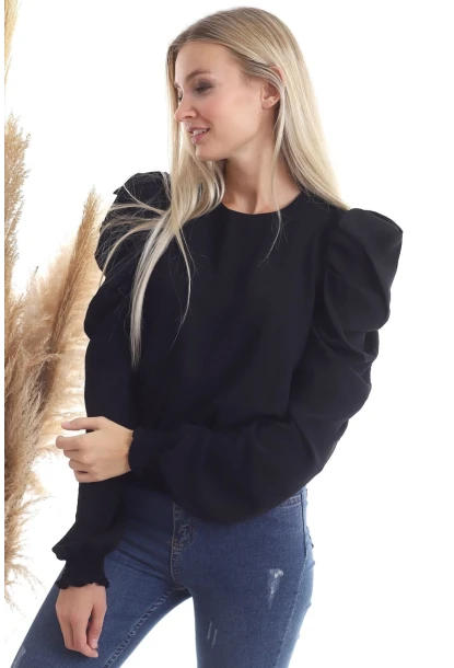 Kol Pileli Etek Gipeli Uzun Kol Siyah Bluz